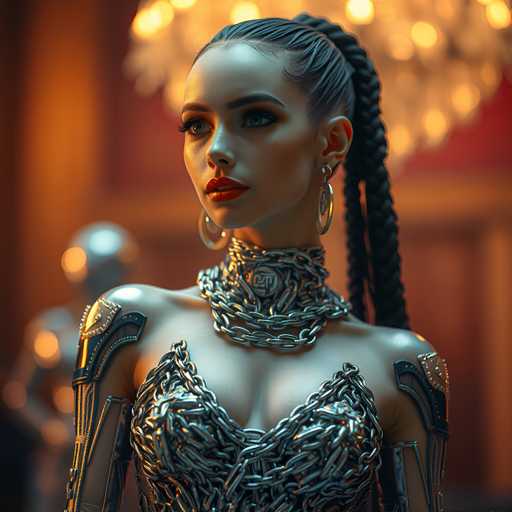 A woman with long dark hair styled into a high ponytail is the central figure in this image. She is wearing a silver chain necklace and earrings that add an industrial touch to her appearance. The background features a red curtain and two metallic figures, suggesting a futuristic or space-themed setting.