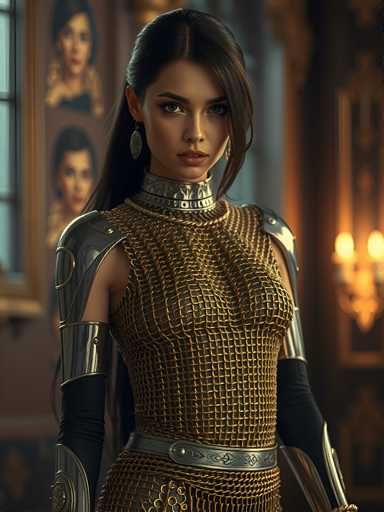 A woman with long dark hair is standing in front of a mirror wearing a gold dress and silver armor. The room has a window on the left side that reflects the image of another woman's face, adding depth to the scene.