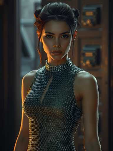 The image depicts a highly detailed, computer-generated rendering of a young woman, likely in her early 20s, with a striking resemblance to Zendaya. She has long, dark brown hair styled in two buns on either side of her head, with a few loose strands framing her face. Her complexion is fair, and she has expressive brown eyes, dark eyebrows, and full lips. She is dressed in a form-fitting, sleeveless chainmail dress that extends up to her neck, with a low neckline that reveals a bit of cleavage. The chainmail appears to be made of silver or pewter, giving it a metallic sheen. The background is blurred, featuring indistinct shapes that suggest a futuristic setting, possibly a spaceship or a high-tech building, with hints of gray and brown hues. The overall composition focuses on the woman, who is looking directly at the viewer with a serious expression, her arms resting at her sides.