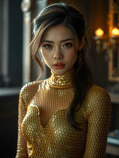 The image depicts a highly realistic, computer-generated portrait of a young Asian woman, likely in her early 20s. She has long, dark brown hair styled in a half-up, half-down manner, with a side part and a ponytail cascading over her left shoulder. Her expressive brown eyes are accentuated by thick, dark eyebrows and subtle eye makeup, including mascara and eyeliner. Her lips are painted a soft pink, and she wears delicate gold earrings.

Her attire is a striking gold dress adorned with a honeycomb pattern, featuring a high neckline that extends up to her chin. The dress is sleeveless, with a bustier-style top that leaves her shoulders bare. The intricate design of the dress adds a touch of elegance and sophistication to her appearance.

The background is blurred, creating a soft focus that highlights the woman. On the right side of the image, there is a faintly visible chandelier with two glowing lights, adding a subtle touch of ambiance to the scene. The overall composition and lighting suggest that this is a professional, AI-generated image designed to capture the beauty and detail of the subject.