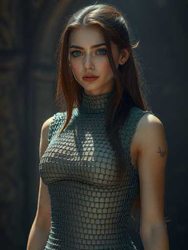 This image features a young woman with long, reddish-brown hair that cascades down to her waist. She has striking blue eyes and is wearing a sleeveless, high-necked dress that appears to be made of chainmail, giving it a metallic sheen. The dress is form-fitting, accentuating her figure, and has a unique design with a grid pattern of small squares. Her arms are bare, revealing a tattoo on her left shoulder. She is adorned with a small earring in her left ear and has a subtle application of red lipstick. The background is dark, possibly featuring a door or window, which contrasts with her fair complexion and the intricate details of her attire. The overall composition highlights her beauty and the craftsmanship of her dress.