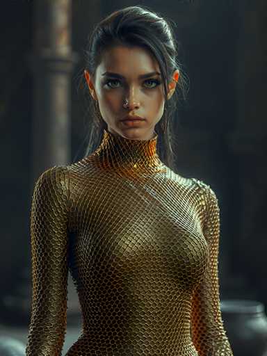 The image depicts a highly realistic, computer-generated female character, possibly from a video game or movie. She has long, dark hair styled in a ponytail with a side bang framing her face. Her complexion is tan, and she has striking green eyes, full lips, and a defined nose. She is adorned with long, dangling earrings that resemble brown leaves. The character is dressed in a form-fitting, gold-colored outfit that covers her entire body, including a high collar that extends up to her neck. The outfit features a scaly texture, reminiscent of fish scales or snake skin, and is accentuated with a diagonal stripe across her chest. The background is dark and blurred, with indistinct shapes that might be a column and a large pot or cauldron, adding to the mysterious and enigmatic atmosphere of the scene.