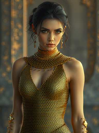 A woman is standing against a backdrop that appears to be a castle or palace with gold accents and intricate designs. She is wearing a gold dress with a mesh bodice and neckline, which features a chain necklace and earrings. The woman has dark hair styled in an updo and is looking directly at the camera with a serious expression on her face.