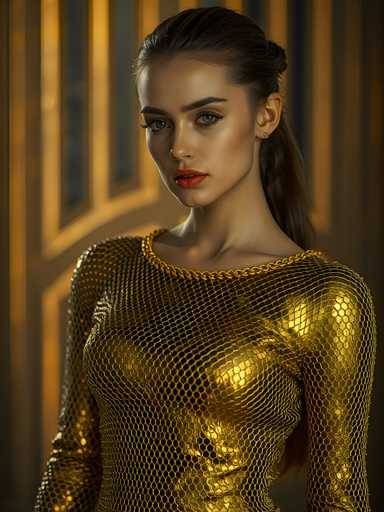 A woman with long brown hair is standing against a gold background featuring vertical stripes and arches. She is wearing a gold dress that has a snake skin pattern on the front. The woman's face is turned towards the camera, and she appears to be looking directly at it.