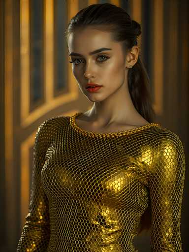 This image features a strikingly beautiful young woman, likely in her early 20s, with long brown hair pulled back into a ponytail. She has captivating blue eyes, accentuated by long eyelashes and well-defined eyebrows. Her complexion is fair, and she wears a touch of red lipstick that complements her natural beauty. She is dressed in a form-fitting, long-sleeved top that appears to be made of a gold chainmail-like material, shimmering with a metallic finish. The top is low-cut, revealing her shoulders and chest. She stands against a background that is slightly blurred, featuring a golden hue with vertical lines and a rectangular shape, adding to the overall elegance of the scene. The image captures her from the waist up, highlighting her poised and confident demeanor.