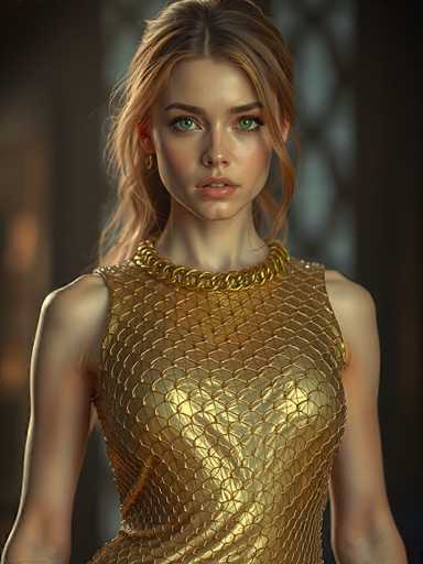 A stunning portrait of a young woman with fair skin and striking emerald green eyes, wearing an intricately detailed golden mesh dress. Her blonde hair is styled in loose waves, partially pulled back, with a few strands framing her face. She has a subtle, slightly melancholic expression, looking directly at the viewer with a soft intensity. The lighting is dramatic, highlighting the texture of the golden fabric and casting subtle shadows that add depth to her features. The background is blurred, drawing focus to the woman's face and attire.