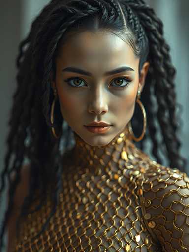 This image is a highly detailed, computer-generated portrait of a young woman, likely in her late teens or early twenties. She has a light complexion and striking features, including large, expressive brown eyes and full lips. Her dark brown hair is styled in intricate braids that frame her face, with a braid draping over her left shoulder. She is adorned with large, gold hoop earrings that dangle elegantly from her ears.

Her attire is equally captivating, featuring a form-fitting, gold chainmail top that covers her chest and extends up to her neck. The chainmail is intricately designed with small, circular links that create a shimmering effect. The garment appears to be made of a metallic material, adding a touch of opulence to her overall look.

The background of the image is blurred, with a grayish hue that suggests a wall, keeping the focus entirely on the woman. The overall composition and level of detail in the portrait give it a realistic yet slightly fantastical quality, reminiscent of a scene from a high-end video game or a piece of digital art.