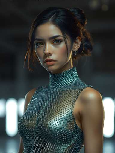 The image features a young woman, likely in her late teens or early twenties, with a striking appearance. She has dark, almost black hair, with subtle hints of brown, styled in a bun at the back of her head. A few strands of hair are loose, framing her face. Her complexion is a light tan, and she has expressive brown eyes. She is adorned with silver earrings that dangle elegantly from her ears.

Her attire is a sleeveless dress with a high neckline, crafted from a metallic material that shimmers in shades of blue and green. The dress is intricately designed with a chainmail pattern, adding a touch of edginess to her look. The background is blurred, but it appears to be a dark gray or black, with indistinct white shapes that could be windows or lights, adding a mysterious ambiance to the scene.