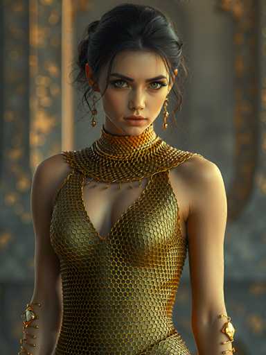 A stunning, photorealistic portrait of a woman in an elaborate golden armor-like outfit. The outfit is a complex, intricately detailed design of interlocking golden hexagons, covering her torso and arms in a form-fitting style. She has dark hair styled in an elegant updo, with delicate gold earrings dangling from her ears. Her expression is intense and direct, looking straight at the viewer with a slightly serious gaze. The background is softly blurred, suggesting a dimly lit, possibly ornate setting with hints of gold and warm light. The overall lighting is soft yet highlights the texture and shine of the golden material, creating a luxurious and slightly mystical atmosphere. The focus is sharp on the woman's face, drawing attention to her features and the intricate details of her attire.