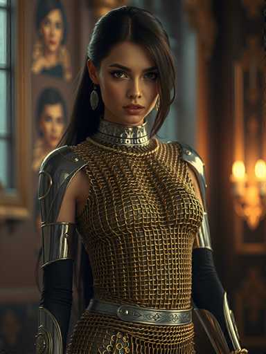 The image depicts a highly detailed, computer-generated female character, possibly from a video game or animated series. She has long, dark brown hair that cascades down her back, with a section draped over her left shoulder. Her striking blue eyes are accentuated by heavy eye makeup, and her lips are painted a bold red. She wears a long, dangling earring on her right ear.

Her attire is a blend of medieval and futuristic elements. She dons a sleeveless, gold chainmail top that extends down to her hips, adorned with silver accents. The chainmail is complemented by black gloves that reach up to her elbows, and silver armor pieces on her shoulders and forearms. A silver belt with a prominent buckle cinches her waist.

The background features a blurred, ornate interior setting with a chandelier hanging on the right side and a window on the left. Two blurred portraits of women are visible on the wall, adding to the medieval ambiance of the scene.