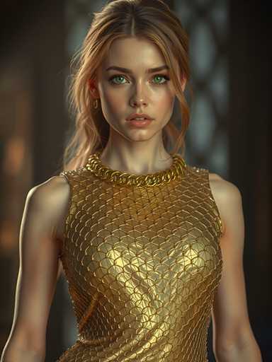 A woman with blonde hair and green eyes is standing against a dark background, wearing a gold dress that features a diamond pattern on the bodice.