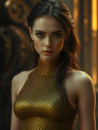 This image is a highly detailed, computer-generated portrait of a young woman, likely in her early 20s, with a striking and somewhat otherworldly appearance. She has long, dark brown hair that is pulled back on the sides and cascades down her left shoulder. Her complexion is fair, and she has a serious, almost stern expression on her face, with her mouth closed. Her eyes are a captivating greenish-brown, framed by thick, dark eyebrows and long eyelashes. She wears large, dangling gold earrings that complement her elaborate attire.

Her outfit is a form-fitting, sleeveless dress that extends up to her neck, adorned with a scaly, golden pattern that resembles fish scales. The dress is intricately designed, with the scales appearing larger around her chest and smaller as they go down her arms. The background is blurred, featuring a mix of dark and golden hues, with a distinct golden light on the right side, adding to the ethereal quality of the image. The overall effect is a striking blend of realism and fantasy, making her appear almost like a character from a video game or a digital artwork.