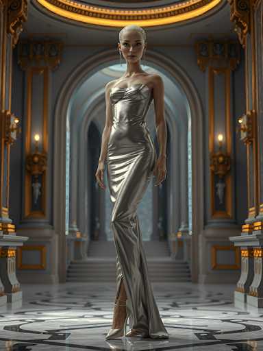 A woman in a shimmering silver gown stands gracefully in an opulent, arched hallway. The dress is form-fitting and draped with a subtle sheen, catching the light in a way that suggests liquid metal. She is positioned centrally, facing forward with her hands gently resting on her hips. Her hair is styled in a sleek updo, and she wears delicate earrings that complement the silver of her gown. The hallway is grand, with ornate gold accents on the archways and walls, creating a sense of luxury and elegance. The floor is patterned with dark marble tiles, reflecting the light from unseen sources above. The overall lighting is soft and diffused, highlighting the woman's figure and the intricate details of the architecture. The scene evokes a feeling of sophistication, poise, and perhaps a touch of otherworldly beauty.