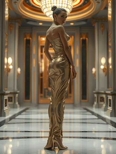 In this captivating photograph, a woman stands poised in the center of an opulent hallway, exuding elegance and sophistication. She is adorned in a stunning gold dress that clings to her form, accentuating her figure with its sleek design. The dress features a dramatic slit that extends up to her hip, adding a touch of allure to her ensemble. Her hair is styled in a neat bun, and she wears delicate earrings that complement her glamorous look. The woman's pose is captivating; she stands with her back to the camera but turns her head over her right shoulder, gazing directly at the viewer with a serene expression.

The hallway itself is a marvel of architectural beauty. The floor is made of pristine white marble, intricately detailed with black and gold lines that add a touch of grandeur. The walls are painted a soft gray, adorned with elegant gold trim that frames the space with a sense of luxury. At the far end of the hallway, a large, ornate gold door stands as a focal point, its grandeur enhanced by the gold trim that outlines the entire hallway. Above, a magnificent chandelier hangs from the ceiling, casting a warm, golden glow throughout the space. The overall ambiance is one of refined elegance, perfectly captured in this striking image.