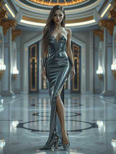A stunning, full-body portrait of a woman in a shimmering silver gown. The dress is form-fitting, with a sweetheart neckline and a high slit that reveals her legs. She has long, flowing dark hair and is wearing elegant silver jewelry. The background is a grand, opulent hallway with ornate details and soft lighting. She stands in the center of the frame, looking directly at the viewer with a serene expression. The overall style is glamorous and ethereal, emphasizing the woman's grace and the luxurious setting.