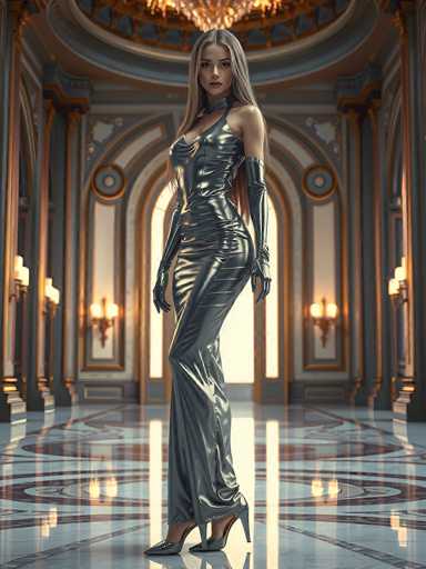 The image depicts a highly realistic, computer-generated scene of a woman standing in a grand, ornate hallway. The woman, who appears to be Caucasian with long, straight, light brown hair, is dressed in a sleek, metallic silver dress that accentuates her figure. The dress features a halter top, long gloves extending to her elbows, and high heels. She accessorizes with a black choker around her neck. Her expression is serious, and she gazes directly at the viewer.

The hallway itself is expansive and luxurious, with a highly reflective marble floor that mirrors the light from sconces mounted on the walls. The walls are adorned with intricate gold and blue designs, and the ceiling is domed, adding to the grandeur of the setting. The space is well-lit, with light streaming in from a large window at the back, enhancing the reflective quality of the floor. The overall ambiance suggests a setting from a video game or a high-end digital artwork.