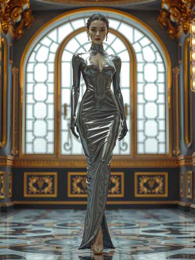 A woman is standing in front of a large window with gold trim and arched design, wearing a long, shiny silver dress that reaches down to her feet. She has on black gloves and earrings, and the room around her features gold accents throughout.