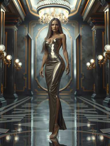 A woman is standing in an opulent room with a high ceiling and chandeliers. She is wearing a long gold dress that falls down to her knees, and she has her hands clasped behind her back. The room features ornate columns and walls adorned with gold accents, creating an atmosphere of grandeur and luxury.