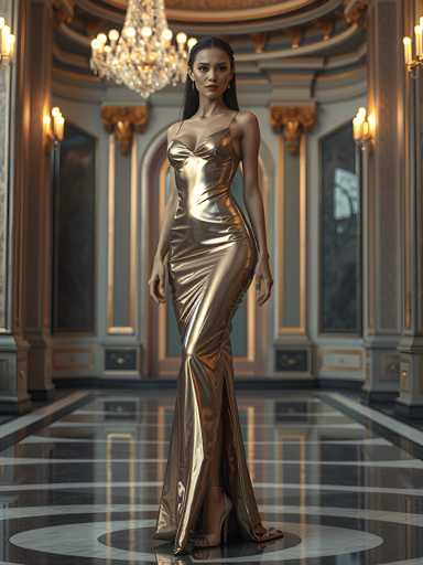 A woman is standing in front of a large window with gold trim and columns, wearing a long, shiny gold dress that reaches down to her feet. The room has a high ceiling and ornate decorations, creating an opulent atmosphere.