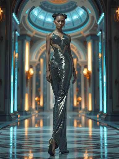 A woman in a shimmering, futuristic silver gown stands in a grand, ornate hallway. The dress is form-fitting and features intricate detailing, with a high neckline and dramatic, flowing fabric. She wears elegant gold heels and delicate earrings. The hallway is bathed in soft, warm light from glowing architectural elements, creating a sense of depth and grandeur. The floor reflects the light, adding to the overall ethereal atmosphere.