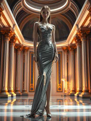 A woman in a shimmering silver gown stands gracefully in an opulent, futuristic hall. The dress is form-fitting, with a halter neckline and a dramatic train that pools on the floor. The hall is bathed in warm, golden light emanating from ornate architectural details and glowing panels on the walls. The floor reflects the polished surface of the gown, creating a sense of depth and luxury. The woman's pose is poised, with her hands gently resting on her hips, and she gazes directly at the viewer. The overall atmosphere is one of elegance, sophistication, and a touch of otherworldly glamour.