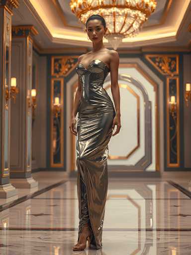 The image depicts a highly realistic, computer-generated scene of a woman standing in an opulent hallway. She is wearing a form-fitting, metallic silver dress that accentuates her figure, with a slit on the right side revealing her leg. The dress features a sweetheart neckline and thin straps over her shoulders. Her dark hair is pulled back into a sleek bun, and she wears small hoop earrings. The woman's expression is serious, and she stands with her hands at her sides, one leg slightly bent.

The hallway itself is grand and ornate, with a highly reflective marble floor that mirrors the intricate details of the room. The walls are adorned with gold and black designs, and the ceiling is a light gray color. A large chandelier with a gold frame and white crystal droplets hangs prominently from the ceiling. The hallway features several gold-framed archways and doorways, with one particularly large archway directly behind the woman. The walls are lined with gold sconces, adding to the luxurious ambiance. The overall scene exudes a sense of elegance and grandeur, reminiscent of a high-end mansion or a lavish event setting.