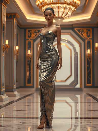 A woman is standing in an opulent room with a high ceiling and chandeliers. She is wearing a long, metallic dress that reaches down to her feet, giving the impression of floating on air. The floor beneath her feet is made of marble tiles, adding to the grandeur of the scene. The walls are adorned with gold accents, enhancing the luxurious atmosphere of the room.