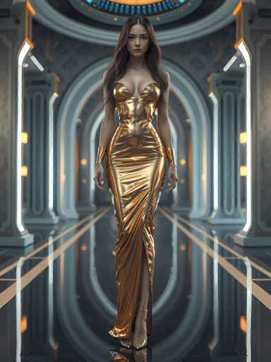 The image depicts a highly realistic, computer-generated scene of a woman walking down a futuristic hallway. The woman, who appears to be of Asian descent, has long, dark brown hair parted in the middle and cascading down to her chest. She is dressed in a form-fitting, gold dress that accentuates her figure, with a high slit on the right side revealing her leg. The dress features a low neckline that highlights her cleavage. She also wears gold bangles on her wrists and matching gold high heels. The hallway itself is lined with white columns and illuminated by white lights, creating a stark contrast against the dark gray floor. The floor is highly reflective, mirroring the woman's image and adding to the futuristic ambiance of the scene.