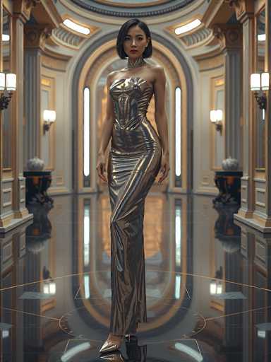 A woman in a shimmering, form-fitting gold gown stands in a grand, ornate hallway. The dress is strapless and features intricate, sculpted details that catch the light. She wears a delicate choker necklace and her dark hair is styled in a sleek bob. The hallway is filled with golden architectural details, including arched doorways and ornate wall panels, all reflecting in a polished floor. The lighting is soft and warm, highlighting the woman's figure and the luxurious setting.