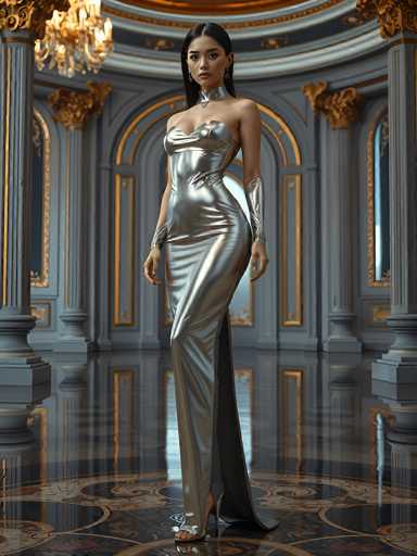 The image depicts a highly realistic, computer-generated scene of a woman standing in an opulent, grand hall. The hall features a highly reflective, marble floor with intricate gold and black designs, and is adorned with tall, gray pillars that have gold accents at the top. The walls are a light blue color, also embellished with gold trim, and the ceiling is a dark blue with gold detailing. A chandelier hangs from the ceiling, adding to the luxurious ambiance.

The woman, who appears to be of Asian descent, has long black hair that cascades down to her chest. She is wearing a form-fitting, silver dress that accentuates her figure, with a high slit on the side that reveals her leg. The dress has a deep neckline, and she is adorned with silver jewelry, including a choker necklace and earrings. She also wears silver bracelets on her forearms and silver high heels. Her expression is serious, and she gazes directly at the viewer, creating a striking and captivating presence in the scene.