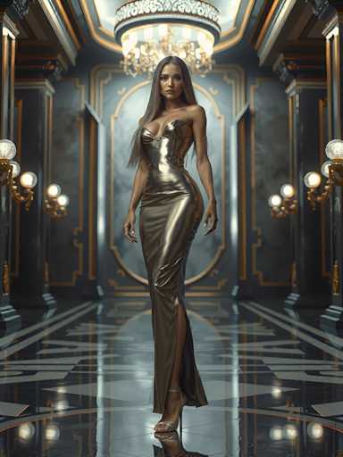 The image depicts a highly realistic, computer-generated scene of a woman standing in an opulent hallway. The woman, who appears to be of mixed race with long, straight brown hair cascading past her chest, is wearing a form-fitting, metallic dress that shimmers in shades of gold and bronze. The dress is strapless, with a deep V-neckline plunging down to her belly button, and it features a slit on the right side that reveals her leg. She is adorned with high-heeled sandals, and her arms rest naturally by her sides.

The hallway itself is grand and luxurious, characterized by its dark gray walls and floor, which is intricately designed with white geometric patterns. The floor's highly reflective surface mirrors the woman's image, adding to the scene's realism. Ornate gold trim and columns line the walls, enhancing the hallway's majestic atmosphere. A large, ornate chandelier hangs from the ceiling, casting a soft light over the scene. The overall ambiance suggests a setting of extreme wealth and sophistication, reminiscent of a high-end mansion or a lavish hotel suite.