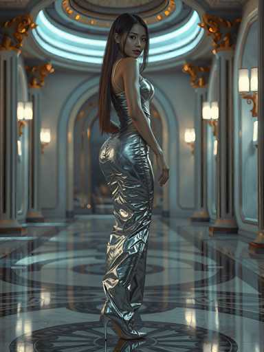 In this captivating image, a woman stands confidently in the center of an opulent hallway, exuding elegance and sophistication. She is adorned in a striking silver dress that accentuates her figure, featuring a high slit on the side that reveals her leg. The dress is form-fitting, hugging her curves from the top to the bottom, and is complemented by matching silver high heels. Her long, dark brown hair cascades down her back, adding to her poised appearance. She gazes directly at the camera, her expression serene and composed.

The hallway itself is a marvel of architectural design, with a floor that gleams in a silver hue, interspersed with black circular patterns. The walls are painted a pristine white, adorned with gold accents that add a touch of grandeur. A series of archways line the hallway, each illuminated by soft lighting that enhances the luxurious ambiance. Above, a circular ceiling with a central light fixture casts a warm glow over the scene, completing the image of refined elegance and beauty.
