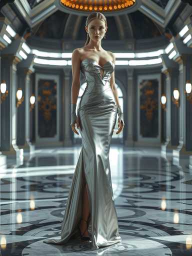A woman is standing in an opulent room with a high ceiling and large windows that allow natural light to flood the space. She is wearing a long silver dress with a deep V-neckline and split skirt, paired with black heels. The room features intricate designs on the walls and floor, adding to its grandeur.
