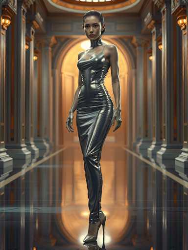 A woman in a futuristic, shimmering black dress stands in a grand, ornate hallway. The dress is form-fitting and appears to be made of a metallic or reflective material, catching the light. She has a serious expression and her posture is poised. The hallway features tall, ornate pillars with golden accents, and the floor reflects the scene in a mirrored effect. The lighting is dramatic, highlighting the woman and creating a sense of depth within the space.