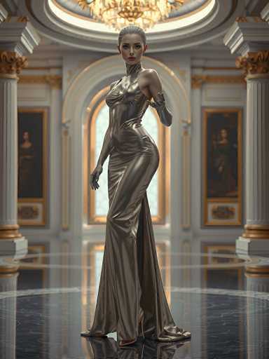 The image depicts a highly detailed, computer-generated scene of a woman standing in an opulent, grand room. The woman, who appears to be Caucasian with slicked-back blonde hair, is wearing a form-fitting, metallic silver dress that extends from her neck down to her ankles, with a slit on the side. She has one arm by her side and the other bent at the elbow, wearing a matching silver glove. Her expression is serious, and she is looking directly at the viewer.

The room itself is luxurious, featuring white marble floors with intricate gold designs. The walls are adorned with gold-framed paintings, and the ceiling is domed with a large chandelier hanging from it. The space is flanked by white pillars with gold accents at the top and bottom. The overall ambiance suggests a setting reminiscent of a museum or a grand mansion, with a color palette dominated by shades of white, gold, and silver.