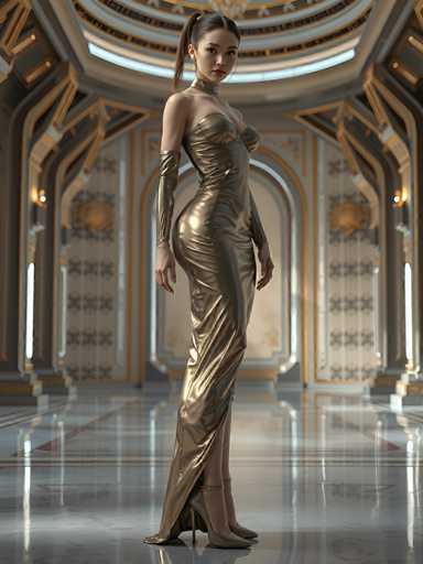 In this captivating image, a woman stands poised in a grand, ornate room that exudes opulence. She is dressed in a stunning, form-fitting gold dress that accentuates her figure, with a high slit on the left side that reveals her leg. The dress features a sweetheart neckline and is complemented by elbow-length gloves that add a touch of elegance. Her ensemble is completed with a pair of high-heeled shoes and a choker necklace that adorns her neck.

The woman's long, dark hair is styled into a ponytail, and she gazes directly at the camera with a serious expression, her lips painted a striking red. The room around her is equally impressive, with its marble floor and intricate gold designs. The walls are adorned with a pattern of black and white squares, and the ceiling is domed, featuring a circular skylight that allows natural light to filter in. The overall ambiance of the room is one of grandeur and luxury, perfectly framing the woman's regal presence.