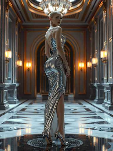 A woman in a shimmering silver gown stands in an opulent hallway, facing away from the viewer. The dress is form-fitting and features a high slit, revealing her toned legs. She has a pale complexion, blonde hair styled in an elegant updo, and is wearing silver high heels. The hallway is grand, with ornate gold accents on the walls, pillars, and ceiling. Soft lighting illuminates the scene, creating a luxurious and slightly dramatic atmosphere. The floor is patterned with reflective tiles that mirror the hallway's grandeur.