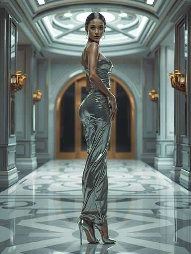 A woman is standing in an opulent hallway with a high ceiling and large windows that allow natural light to flood the space. She is wearing a long silver dress with a low back and a train, paired with gold heels. The floor of the hallway has a geometric pattern, adding to the overall grandeur of the scene.