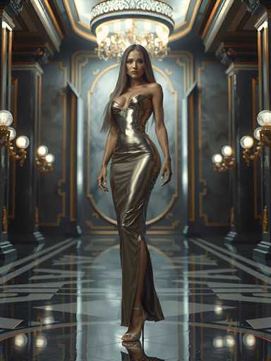 A stunning, full-body portrait of a woman in a shimmering gold gown, standing in an opulent hallway. The woman is the focal point, her body gracefully angled towards the viewer with a confident posture. Her long, flowing hair cascades down her shoulders, and she wears high heels that reflect the polished floor. The gown is a sleek, form-fitting design with a deep sweetheart neckline and a high slit, emphasizing her figure. 

The hallway is grand and luxurious, with ornate gold accents on the walls and ceiling. Crystal chandeliers hang from the ceiling, casting a warm glow on the scene. The floor is a dark, reflective surface that mirrors the woman and the surroundings, creating a sense of depth. The overall atmosphere is one of elegance, sophistication, and timeless beauty.