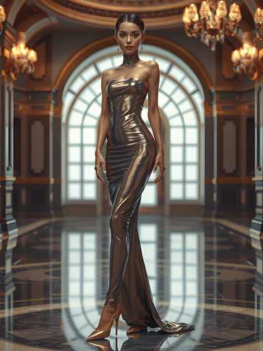 A woman is standing in front of a large window with gold trim and a chandelier hanging from the ceiling. She is wearing a long, metallic dress that reaches down to her feet, and high heels. The background features a marble floor and columns, creating an opulent atmosphere.