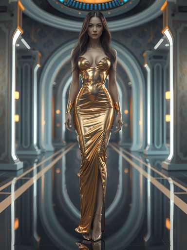 A woman is standing in a futuristic room with a high ceiling and large windows that allow natural light to flood the space. She is wearing a long gold dress with a slit on the side and high heels. The room has a modern design with sleek lines and geometric shapes, creating an atmosphere of elegance and sophistication.