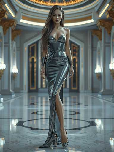 A woman stands confidently in front of a grand room with a high ceiling and ornate gold accents. She is wearing a long, metallic dress that reaches down to her feet, and high heels. The floor beneath her feet reflects the light from the chandeliers hanging above, creating a mirror image effect.