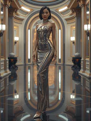 The image depicts a highly realistic, computer-generated scene of a woman standing in a grandiose, ornate room. The woman is positioned in the center of the room, which features a highly reflective, black floor adorned with intricate gold lines and geometric patterns. The room's walls are a light gray color, embellished with gold accents and numerous rectangular gold frames. 

The woman is wearing a striking, form-fitting dress that appears to be made of a metallic material, possibly gold or silver. The dress is sleeveless and accentuates her figure, with a high neckline that leaves her shoulders bare. The dress is form-fitting, accentuating her waist and hips, before flowing down to her ankles. She completes her outfit with a pair of brown high heels.

Her appearance is equally detailed. She has short black hair styled in a bob, with bangs framing her face. Her skin is fair, and she wears red lipstick. Around her neck, she sports a black choker necklace.

The room itself is grand, with tall ceilings and large windows that allow natural light to flood in. The windows are framed with gold, and the walls feature numerous rectangular gold frames. The room's decor includes black tables with white vases, adding to the luxurious ambiance. The overall effect is one of opulence and elegance, with the woman as the focal point in this richly detailed environment.