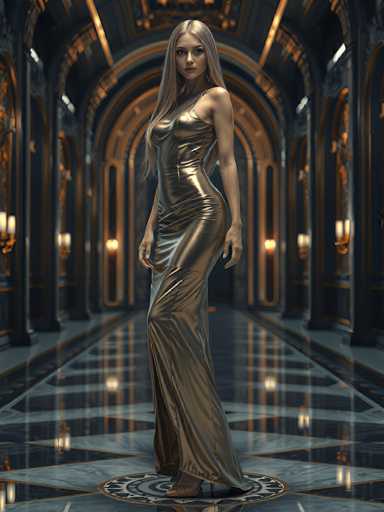 In this captivating image, a woman stands gracefully in the center of an opulent hallway, exuding elegance and poise. She is adorned in a stunning gold dress that accentuates her figure, with one leg slightly bent and the other straight, creating a dynamic pose. The dress features a single strap over her left shoulder, leaving her right shoulder bare, and flows down to her feet, where it splits into two separate pieces. Her long, straight blonde hair cascades down, complementing her fair complexion and striking blue eyes. She gazes directly at the camera, her expression serene and captivating.

The hallway itself is a marvel of architectural design, with a ceiling that arches gracefully overhead. The floor is a striking combination of black and white marble, interspersed with intricate gold designs that add to the grandeur of the setting. The walls are lined with numerous archways, each adorned with elegant gold accents, enhancing the luxurious atmosphere. The woman stands on a circular platform, which features a sun-like design at its center, further emphasizing her prominence in this majestic scene.