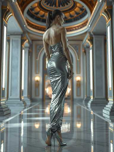 The image depicts a highly detailed, computer-generated scene of a woman standing in the center of an opulent, grand hallway. The woman, who appears to be of Asian descent, has long, dark hair tied back in a ponytail. She is wearing a form-fitting, metallic silver dress that accentuates her figure, with a high slit on the left side. The dress is strapless and has a sheen that reflects the light, adding to the luxurious atmosphere. She is also wearing high heels, which complement her elegant appearance.

The hallway itself is grand and ornate, featuring marble floors and walls adorned with intricate gold trim. The ceiling is domed, with a circular design that includes gold and blue patterns. Large, white marble columns line the sides of the hallway, adding to the sense of grandeur. The floor is so reflective that it mirrors the woman and the surrounding architecture, enhancing the image's realism and depth. The overall color palette of the scene includes shades of gray, white, gold, blue, and orange, creating a rich and sophisticated ambiance.