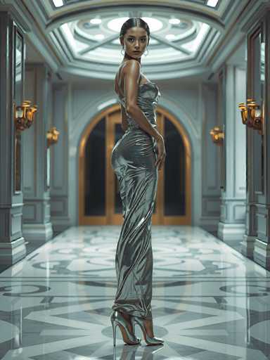 A stunning, full-body portrait of a woman in a shimmering silver gown, standing in an opulent hallway. The image is rendered with a highly polished, almost hyperrealistic style, emphasizing the texture and sheen of the fabric. The woman is positioned in profile, facing away from the viewer, with her body angled towards the center of the hallway. Her hair is sleek and dark, styled in a way that complements the elegant gown. She wears delicate gold earrings and her posture is poised, with one hand gently resting on the skirt of her dress. 

The hallway itself is grand and symmetrical, with ornate architectural details like arched doorways and decorative wall panels. The floor is patterned with a reflective tile design, mirroring the hallway's grandeur and creating a sense of depth. Soft, warm lighting emanates from ornate wall sconces, casting subtle highlights on the woman's gown and the surrounding surfaces. The overall color palette is muted, with shades of silver, gold, and cream dominating the scene, creating a luxurious and sophisticated atmosphere. The focus is sharp on the woman, while the background gradually softens, drawing attention to her elegant presence.