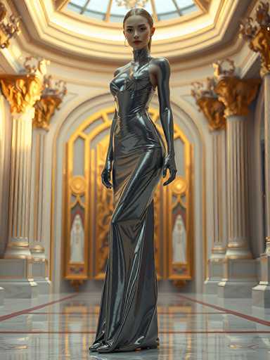 A full-body, photorealistic image of a woman in a futuristic silver gown standing in an opulent, golden hall. The woman is tall and slender, with short, light brown hair styled in a sleek updo. She wears long, silver gloves and the gown is form-fitting, highlighting her figure with a high neckline. The dress has a shimmering, metallic finish and appears to be made of a smooth, reflective material. She is looking directly at the viewer with a neutral expression. The hall is grand and ornate, with golden columns, arched doorways, and intricate detailing on the walls. The floor is a polished marble or similar reflective surface that reflects the light from the ceiling. The overall lighting is soft and diffused, creating a sense of elegance and sophistication. The background is slightly blurred, drawing focus on the woman in the foreground.