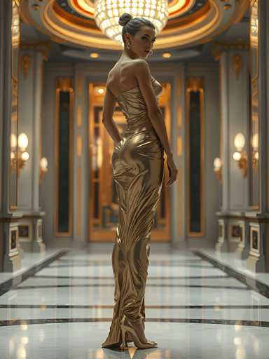 A woman in a shimmering gold gown stands in an opulent hallway, looking over her shoulder. The dress is form-fitting and draped with a textured fabric that catches the light, creating a dynamic play of highlights and shadows. She wears elegant gold earrings and high heels that mirror the dress's sheen. The hallway is grand, with ornate columns, mirrored walls, and a large, glowing chandelier at the end. The floor is a polished marble with subtle patterns, reflecting the light and adding to the overall luxurious atmosphere. The woman's pose is poised and confident, her gaze directed towards the viewer with a hint of mystery. The overall lighting is soft and diffused, enhancing the golden tones of the dress and the environment.