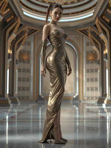 A woman in a shimmering gold, form-fitting gown stands in an opulent, golden hallway. The dress is long-sleeved and has a high neckline, emphasizing her figure with its tight fit. The hallway features ornate golden archways and walls, reflecting a soft light on the polished marble floor. She has dark hair tied in a high ponytail and is looking directly at the viewer with a serene expression. The overall style is elegant, futuristic, and luxurious.