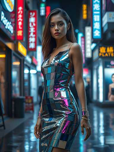 A woman in a shimmering, futuristic dress stands in a vibrant, neon-lit alleyway. The dress is a dynamic, multi-colored pattern with reflective surfaces that catch the light, creating a sense of movement and depth. She has long, flowing brown hair and is looking directly at the viewer with a serious expression. The alleyway is filled with bright, colorful neon signs in Japanese script and English, creating a cyberpunk-inspired atmosphere. The ground is wet and reflects the neon lights, adding to the overall mood of a bustling urban environment at night. The lighting is dramatic, with strong highlights and shadows that emphasize the woman's form and the textures of her dress.